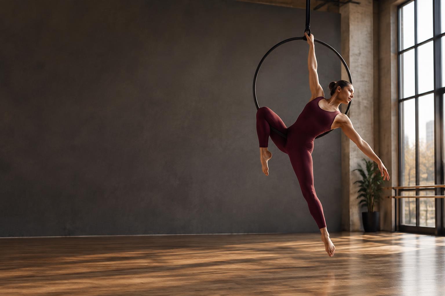 Atleta al cerchio aereo, immagine illustrativa delle discipline Virtude